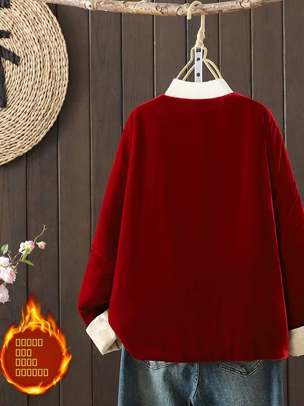 ชุดจีนโบราณผู้หญิงผ้าไหมกำมะหยี่ผสมฝ้าย ดีไซน์ศิลปะย้อนยุค ปรับปรุงสไตล์ถัง ชุดฤดูหนาวแขนยาว คอกลม