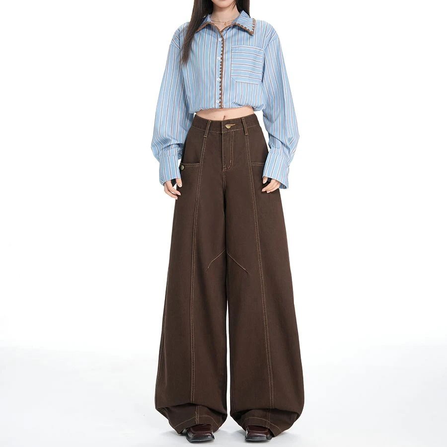 ZHISILAO nouveau marron jambe large Baggy jean femmes Vintage décontracté taille haute longueur de plancher Denim pantalon Streetwear automne hiver 2025