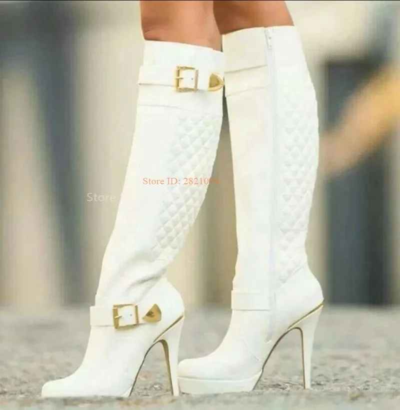 

White Quilted Buckles Stilettos Knee High Boots Women High Heel Platform Pointy Toed Stiletto Heeled Long Boots