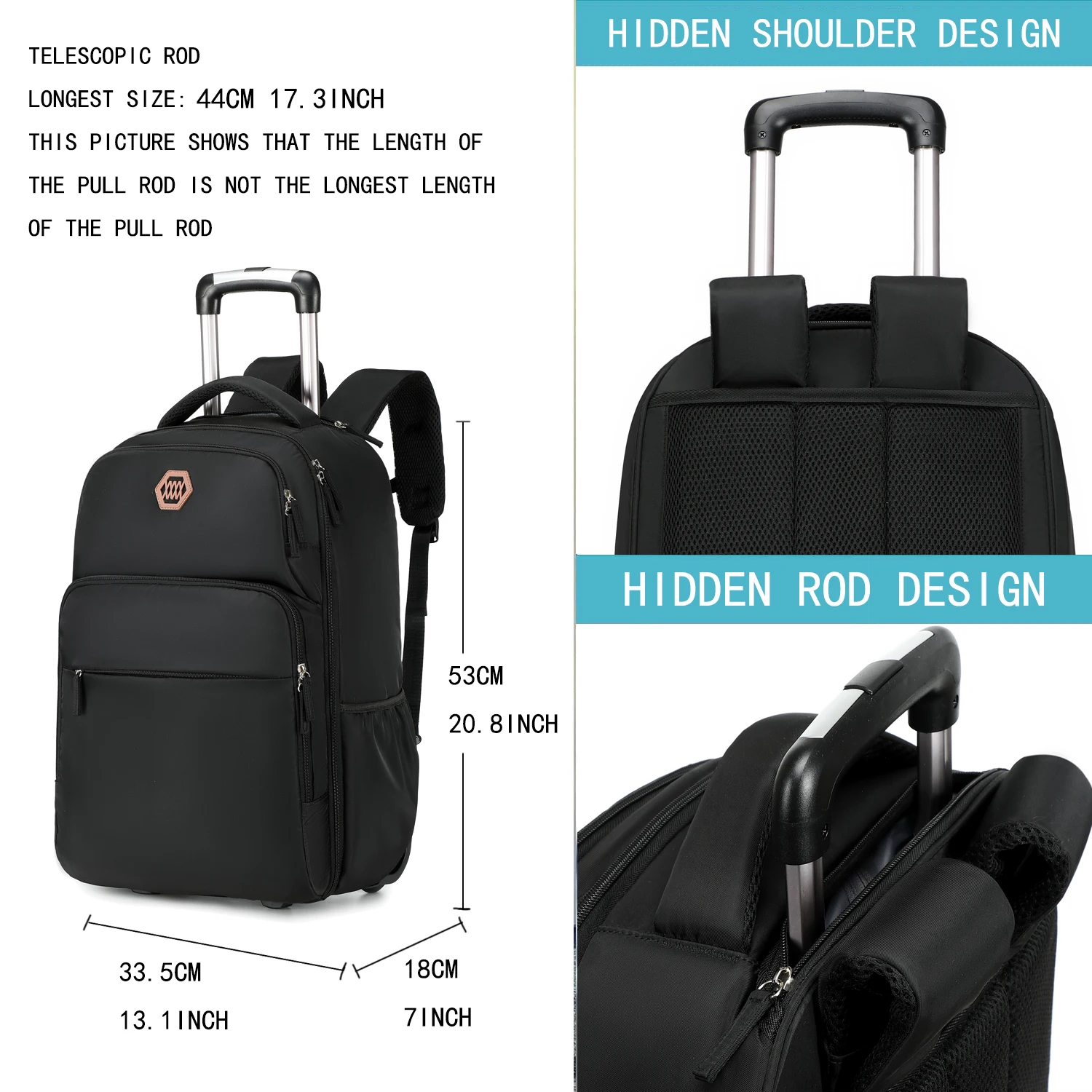 Rolling backpack with wheels suitable for 17.3-inch laptop business backpack for women and men, waterproof travel luggage bag