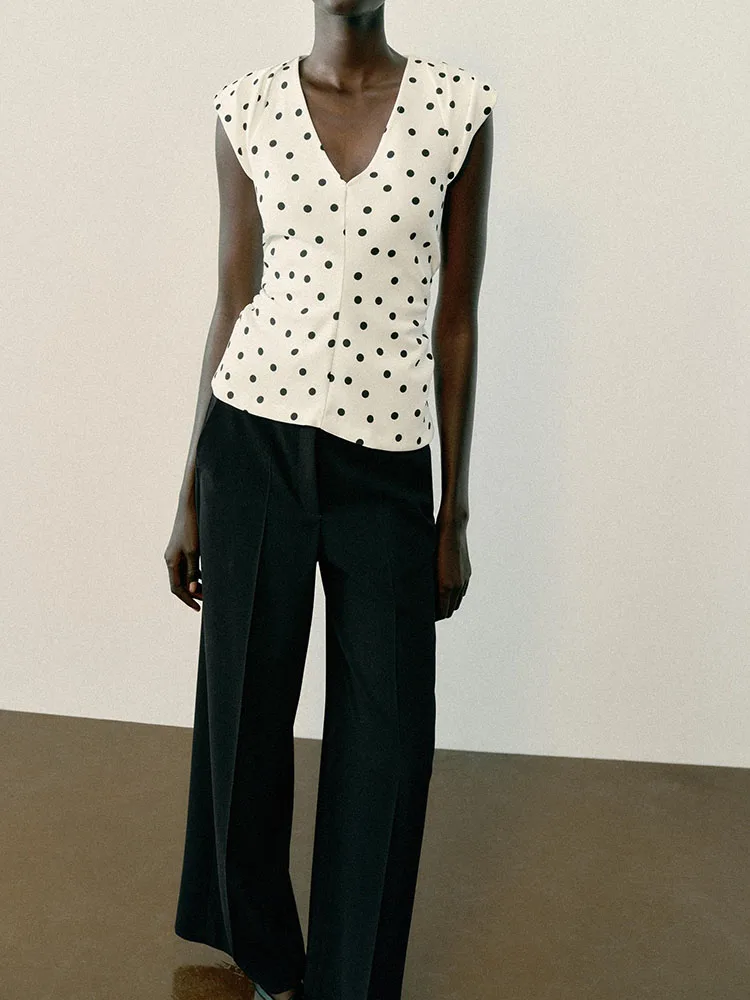 Women's Fashionable Sleeveless V-Neck Polka Dot Shirt with Shoulder Pads Autumn New Arrival Quality Garment