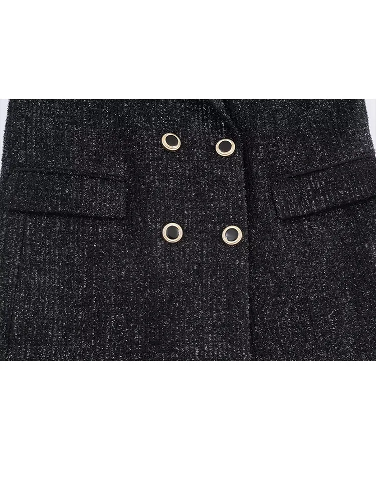 

HH Women New Winter Fashion Versatile Lapel Double-Breasted Metallic Thread Blazer Female Temperament Shoulder Pad Simple Jacket