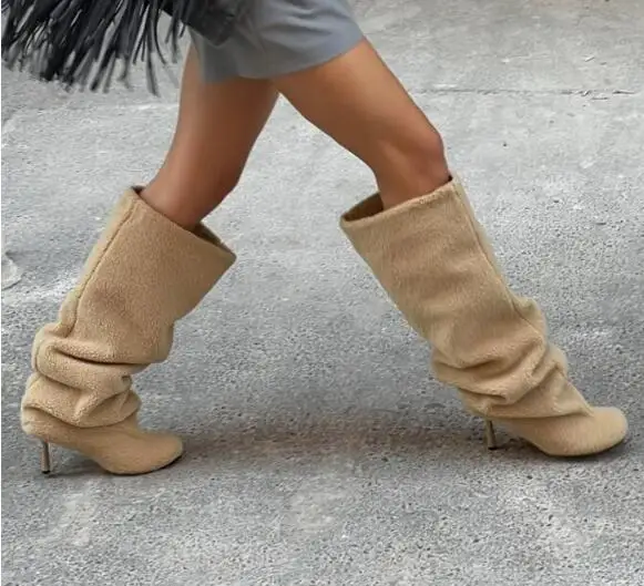 Apricot Lamb Fur Round Toe Pleated Knee High Boots Winter Women Loose Tube Slip On High Heel Modern Long Boots Drop Shipping