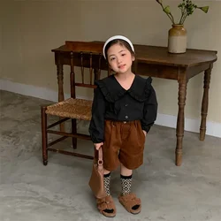 Girls Black Shirt 2024 Spring and Autumn New Korean Childrens Solid Color Doll Shirt Long Sleeve Big Collar Top