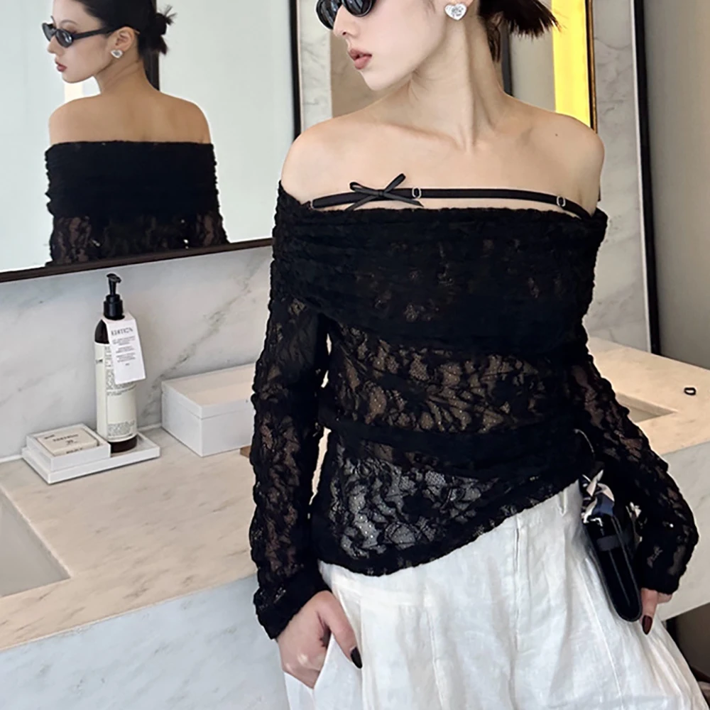 2024 Spring & Summer New Women's T-shirt Y2k Sexy Strapless Slim One-line Collar Hollow Lace Fashion Hundred Long-sleeved Tops