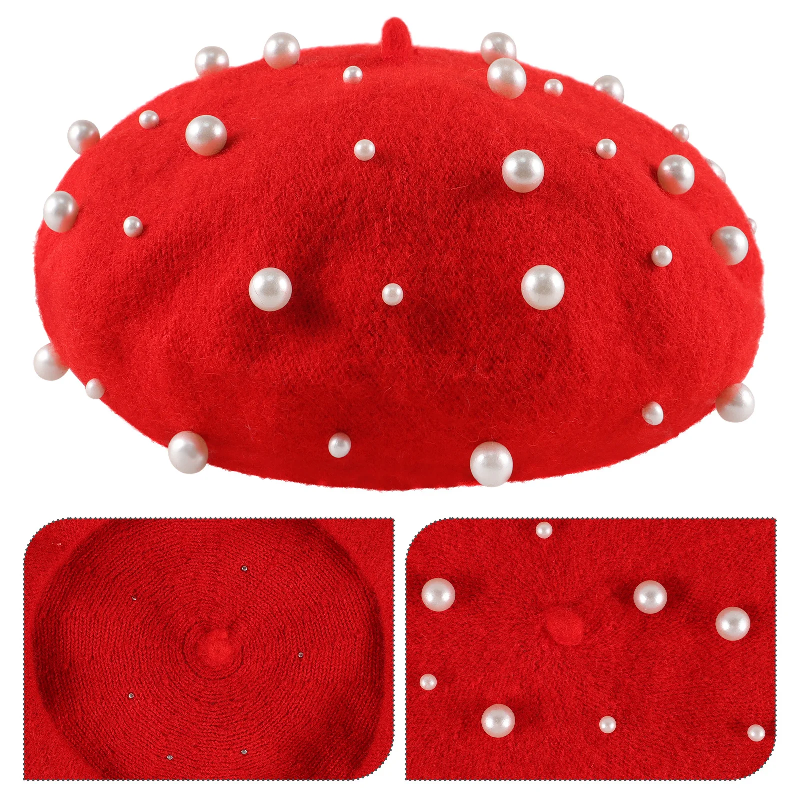 

Women'S Pearl Beret Winter Cashmere Beanie Knit Hat Foldable Warm Cap For Skiing Shopping Red Free Size