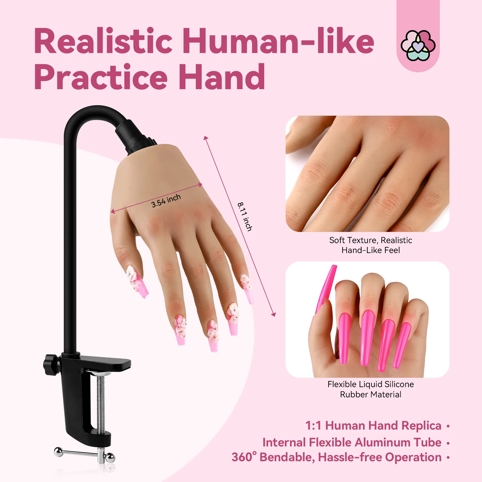 Saviland Practice Hand for Acrylic Nails Elastyczne dłonie do ćwiczeń paznokci do paznokci akrylowych Zestaw pędzli do zdobienia paznokci