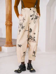 Spring Autumn Original Design Women Vinage Vibes Plant Patterned Pencil Pants/Trousers