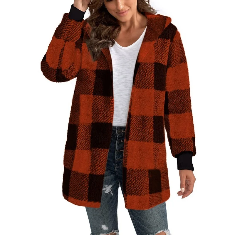NONE Frauen Herbst Winter Doppel Fleece Plaid Strickjacke Weiche Lose Lange Hülse Plüsch Warme Mit Kapuze Jacke Weibliche Patchwork Oberbekleidung Mantel 4
