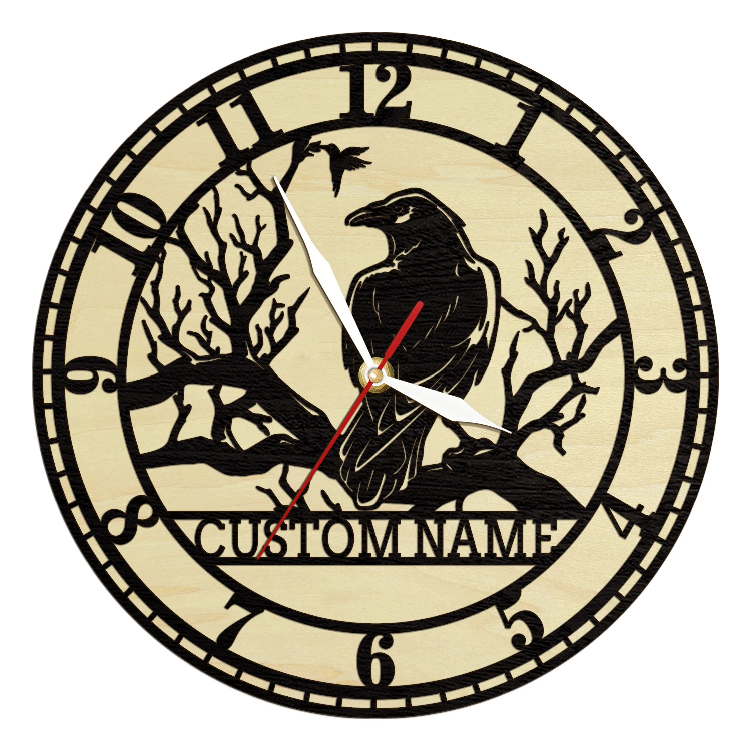 Custom Raven on Tree Branch Wooden Frame Wall Clock For Bedroom Personalized Crow Name Halloween Home Decor Natural Wood Clock