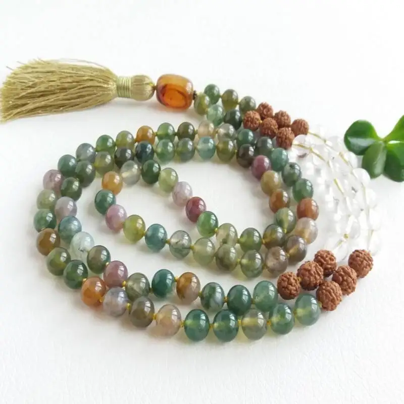 

Natural Indian Agate Mixed Gemstone 108 Beads Mala Necklace with Rudraksha Pendant & Gold Tassel Healing Crystal Jewelry