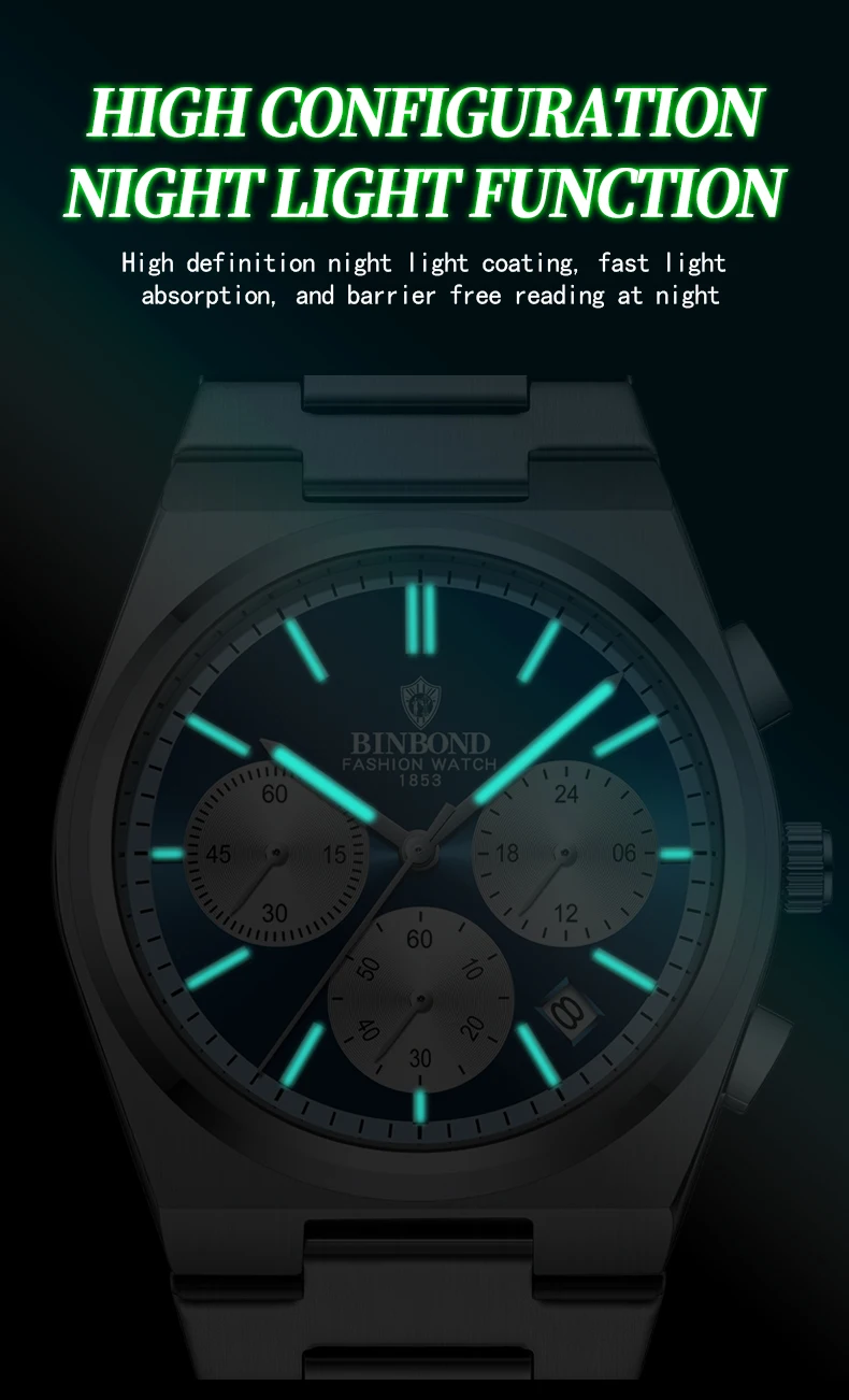 BINBOND 203 Men's Quartz Watch Three Eyes Six Needles Waterproof Luminous Calendar Luxury Fashion Men's Quartz Watch