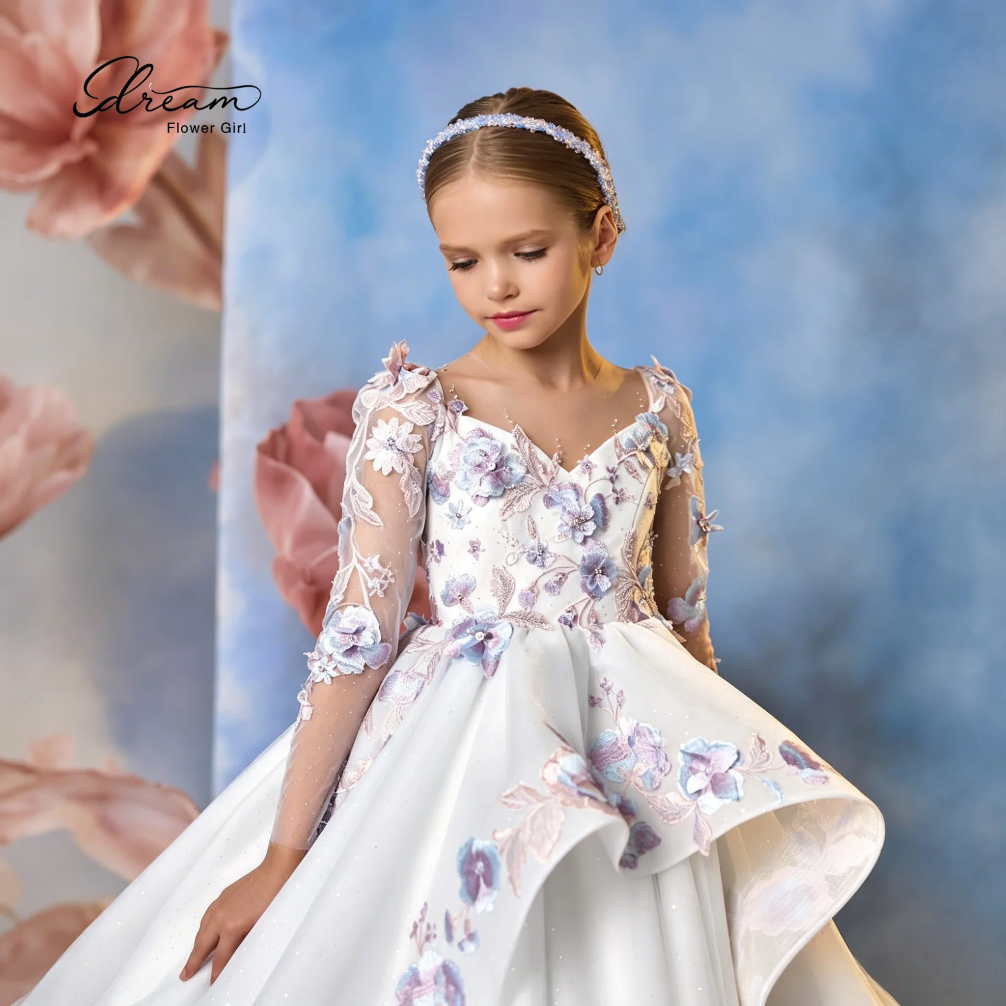 White satin V-neck long-sleeved A-line floor-length dress with printed backless design for formal occasion