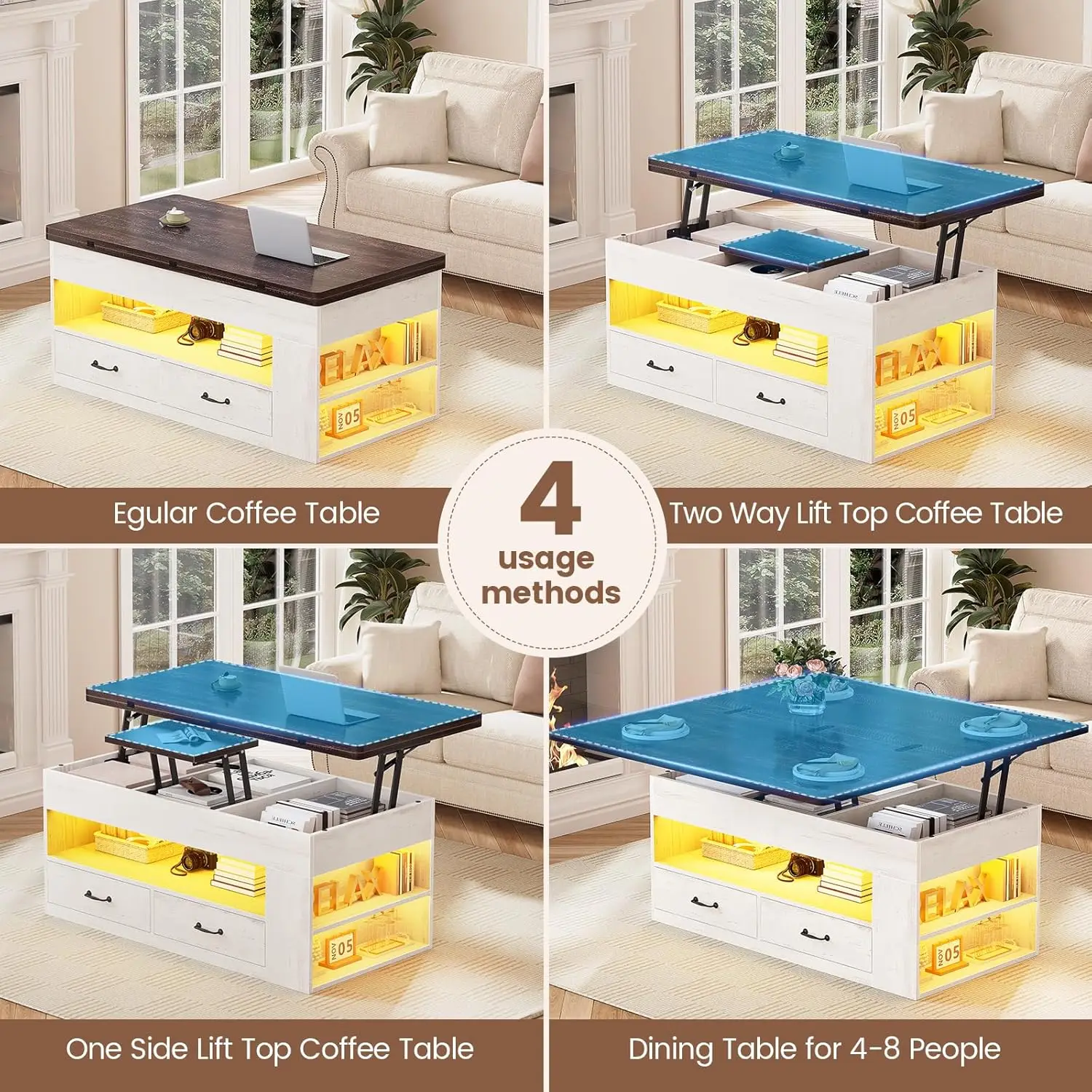 Lift Top Coffee Table, 4 In 1 Coffee Tables With Storage And Hidden Compartment, Farmhouse Coffee Table With 2 Fabric Drawers &