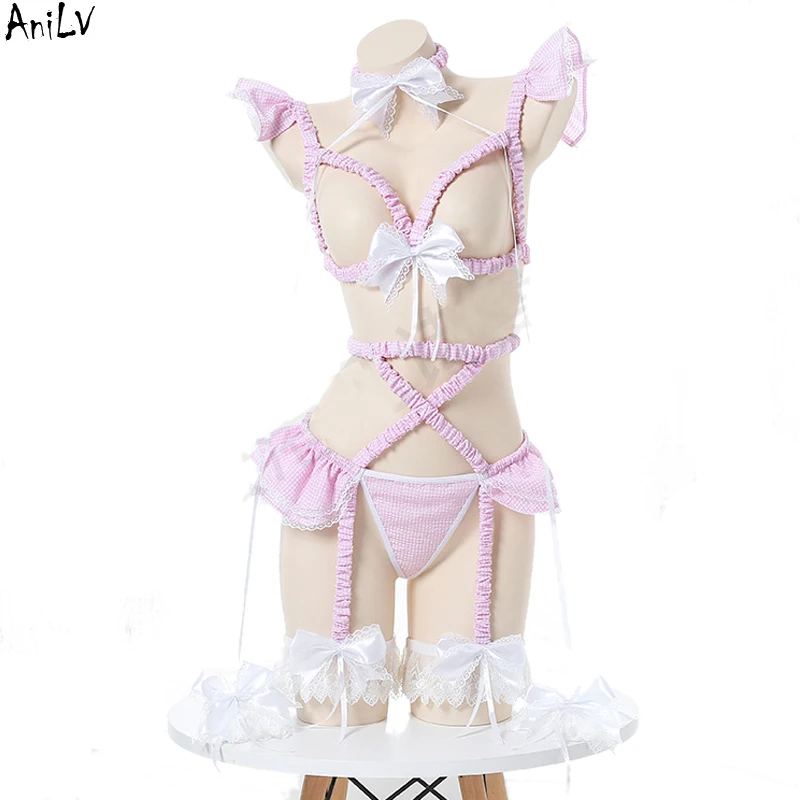 AniLV Japanese Anime Coffee House Lolita Girl Maid Uniform Role Play Women Plaid Cute Lingerie Erotic Underwear Pajamas Costumes