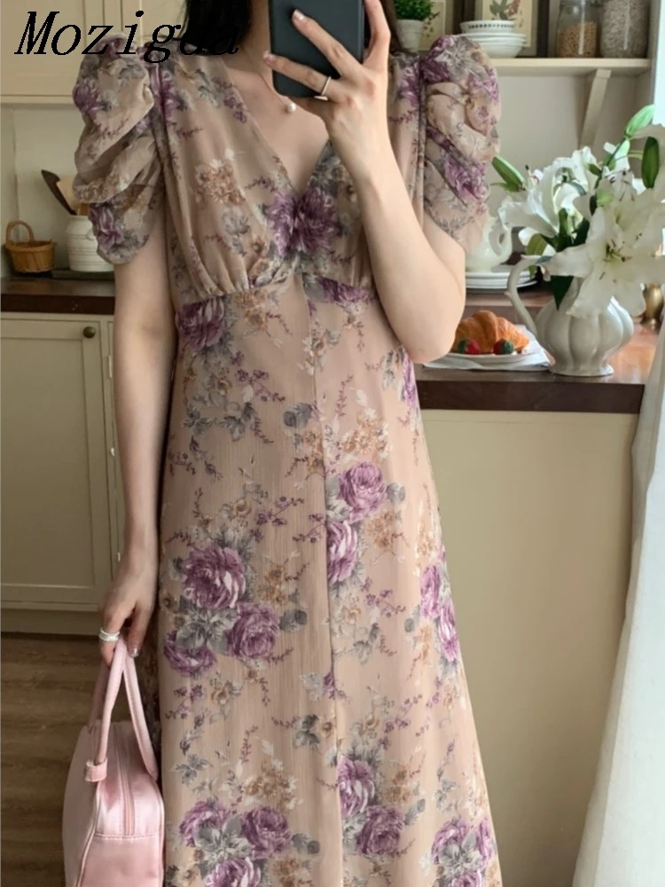 

Summer Print Floral Dress Women Korean Casual Puff Sleeve Chiifon Elegant Women Ladies Dresses Vestidos Robe Femm