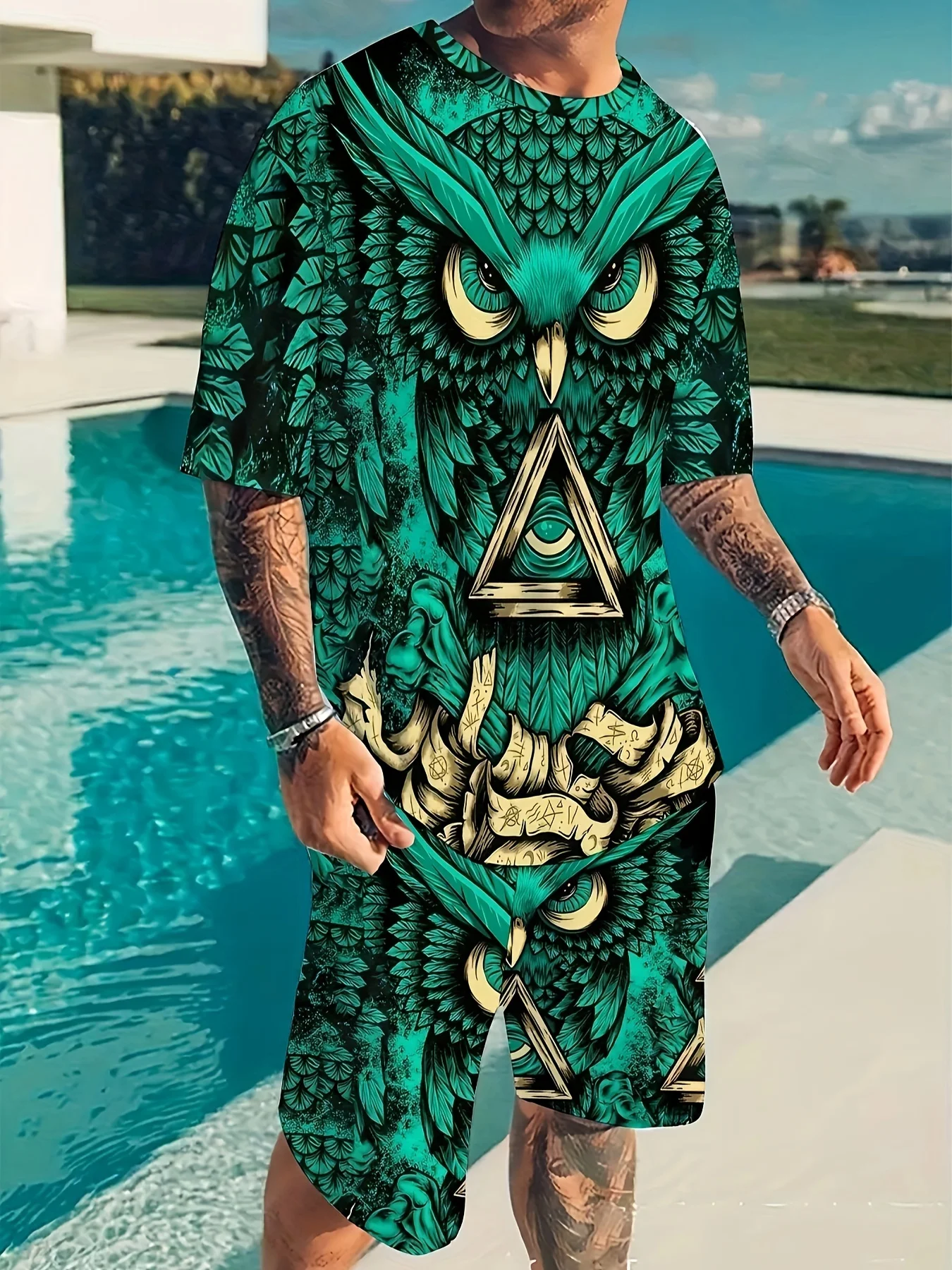 2pcs Fashion Suit, Men's Mythical Owl Graphic Slightly T-shirt Shorts Sets Hip Hop Tracksuits Oversized Men's T-shirts Suits