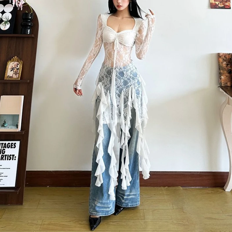 Sexy spice girl T-shirt gauze lace perspective ruffled tassel top 2025 spring and summer fashion street style women's clothing