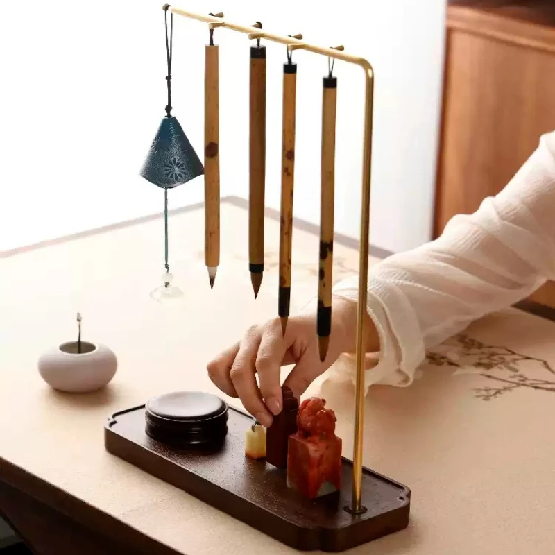 Solid Wood Calligraphy Brush Stand Creative Pen Holder for Desk Four Treasures Study Organizer for Office Retro Writing Display
