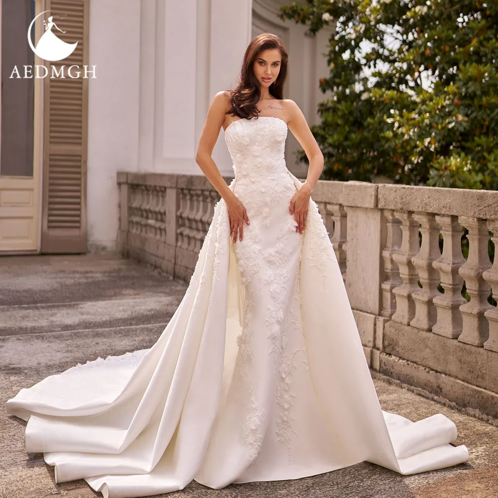 

Aedmgh Mermaid Sexy Wedding Dresses For Women Strapless Vestido De Novia Matte Satin Detachable Train Custom Made Bridal Gowns