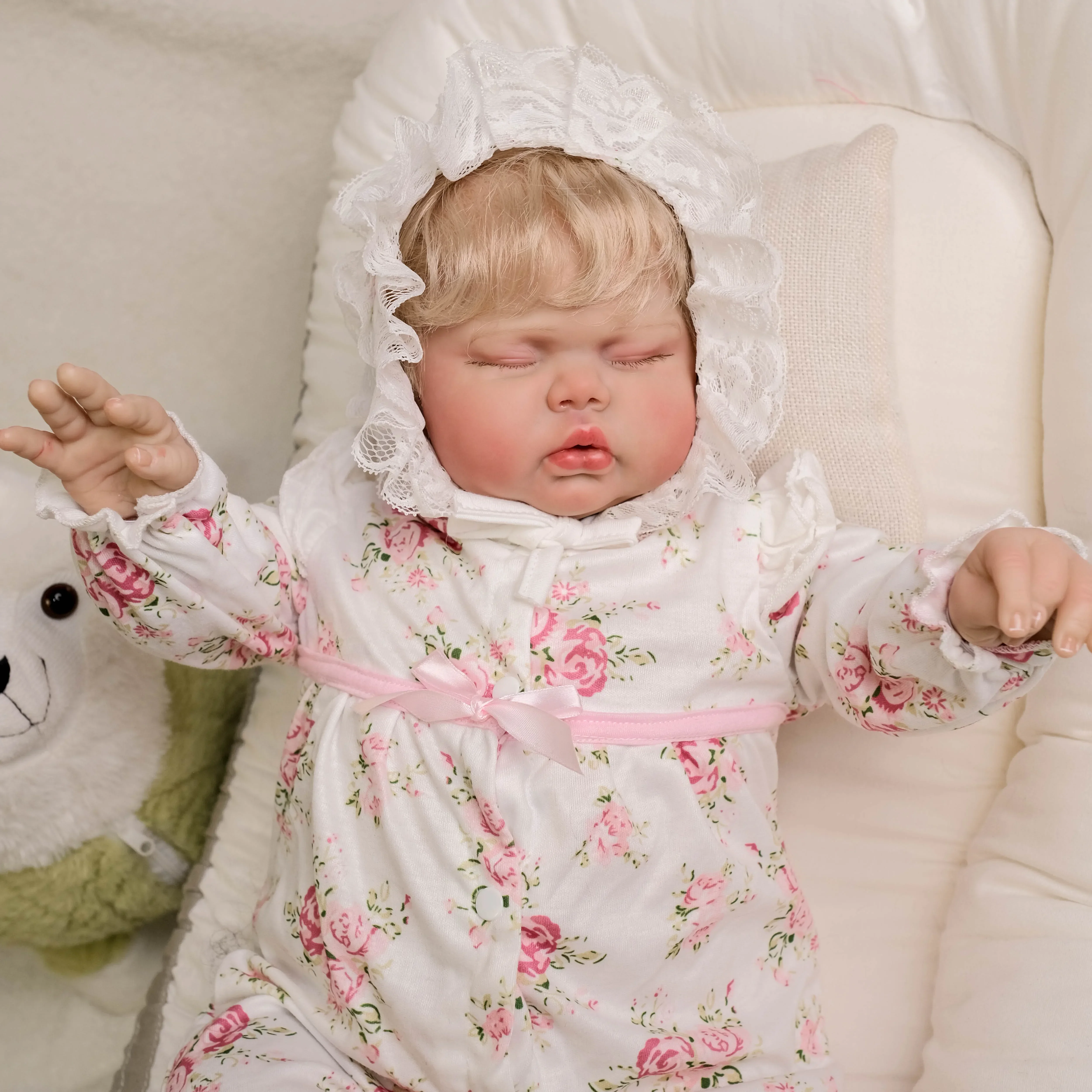 NPK 24Inch Pickle Sleeping in Soft Cloth Body Lifelike Reborn Toddler Hand Rooted Curly Blond Hair Cuddly Baby Doll Baby