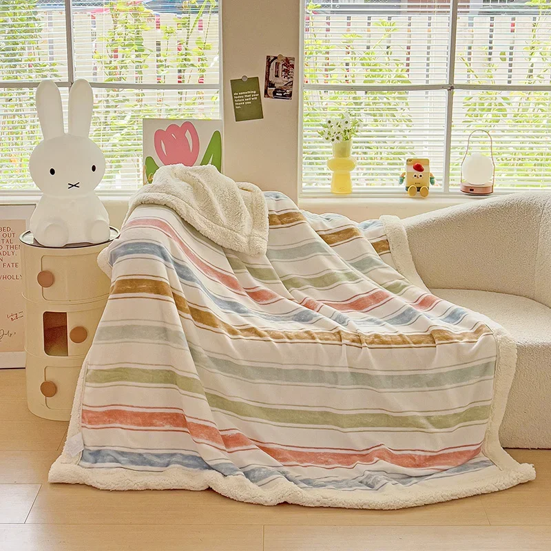

Simple Striped Milk Velvet Blanket Winter Super Soft Fuzzy Bed Blankets Home Travel Multi-purpose Throw Blanket for Kids Adults