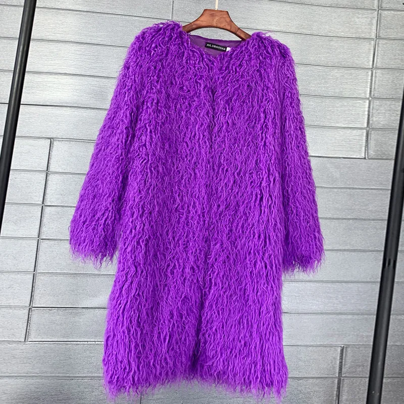 Women Faux Sheep Fur Long Sleeve Coat Loose High Street Elegant Thick Plush Outwear Round Neck Slim Fit 2023 Autumn Pockets