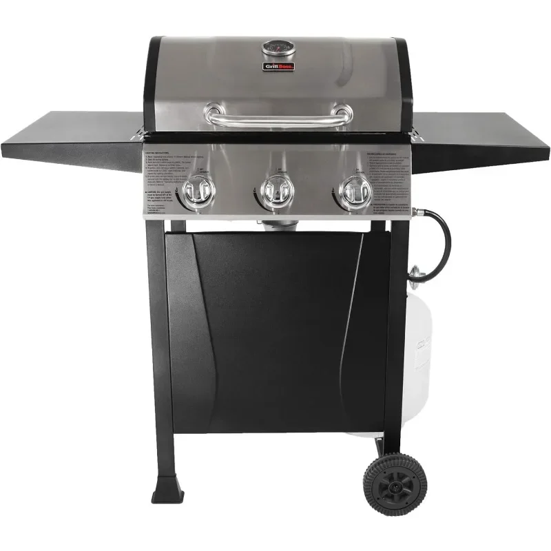 Grill Boss Outdoor Barbeque 3 Burner Propane Gas Grill for Barbecue Cooking with Top Cover Lid, Wheels, and Side Storage Shelves