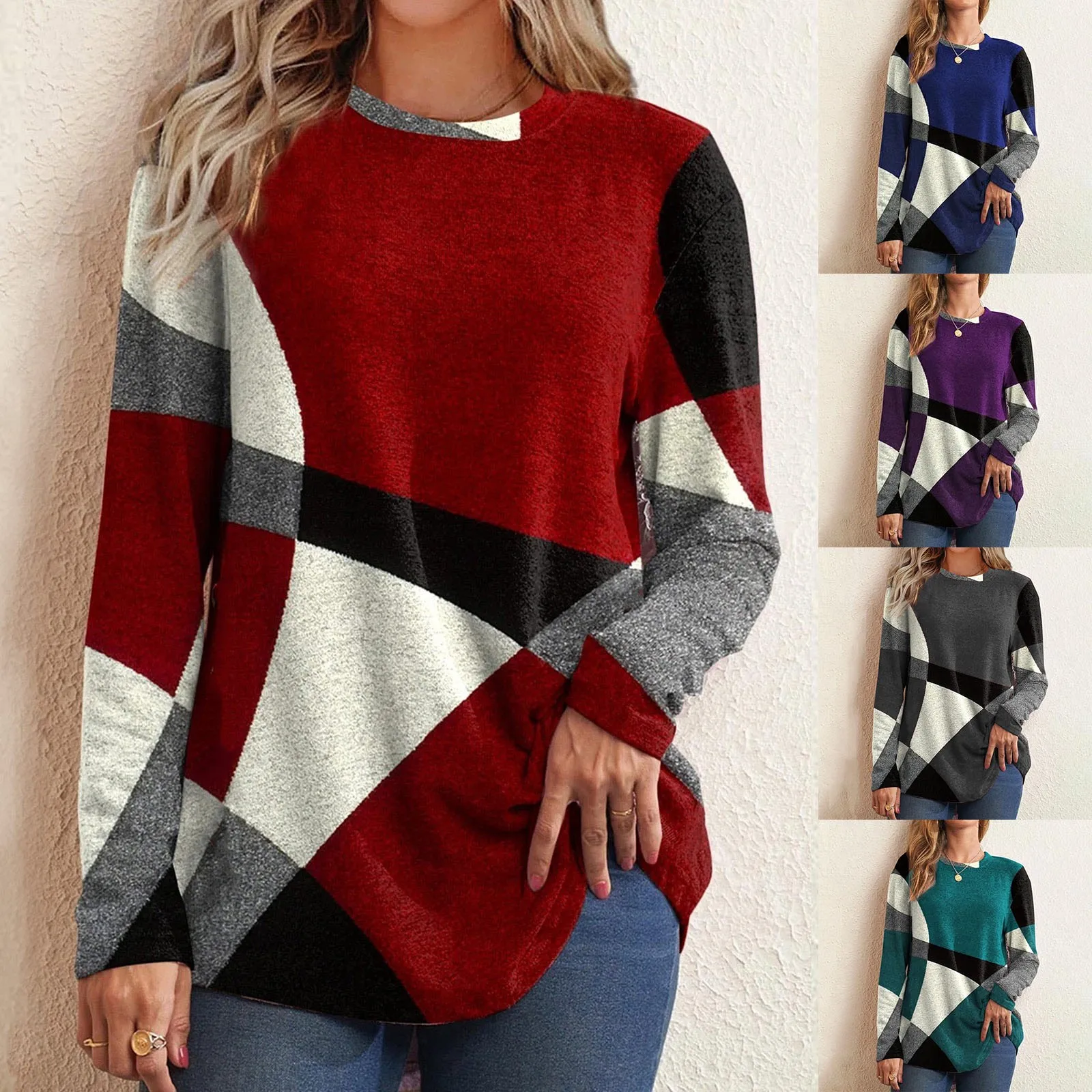 High-quality Trendy Women\'s Thin Geometric Contrast French Cashmere Long Sleeve Print Fashionable Loose Sweatshirt Comfortable