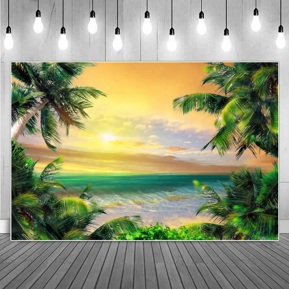 Seaside Palm Tree Backgrounds Summer Tropical Beach Sunsetting Ocean Waves Children Photography Backdrops Photographic Portrait