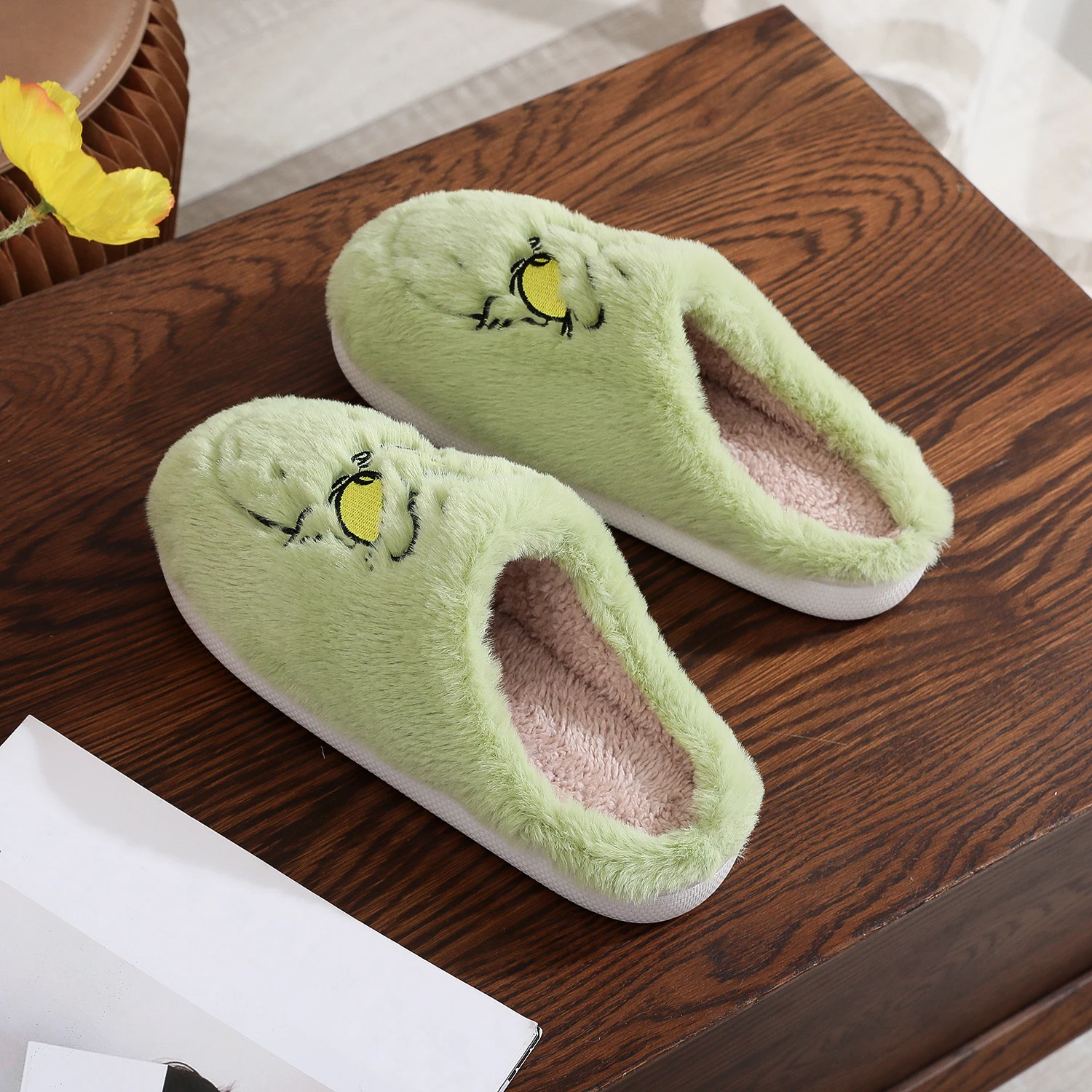 Christmas green fur monster Green Christmas atmosphere winter home cotton slippers non-slip thick-soled plush slippers indoor