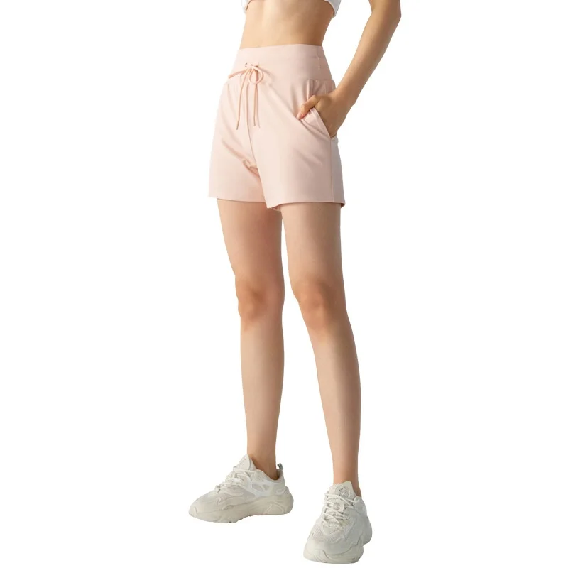 Calções de fitness com cordão casual feminino bolso duplo ao ar livre correndo respirável calças de yoga pele-amigável all-match estilo nu