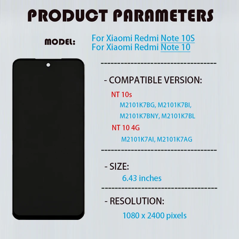 Wyświetlacz LCD z ekranem dotykowym i digitizerem do Xiaomi Redmi Note 10S, zamiennik części naprawczych do Redmi Note 10 AMOLED / TFT — zdjęcie produktu 2