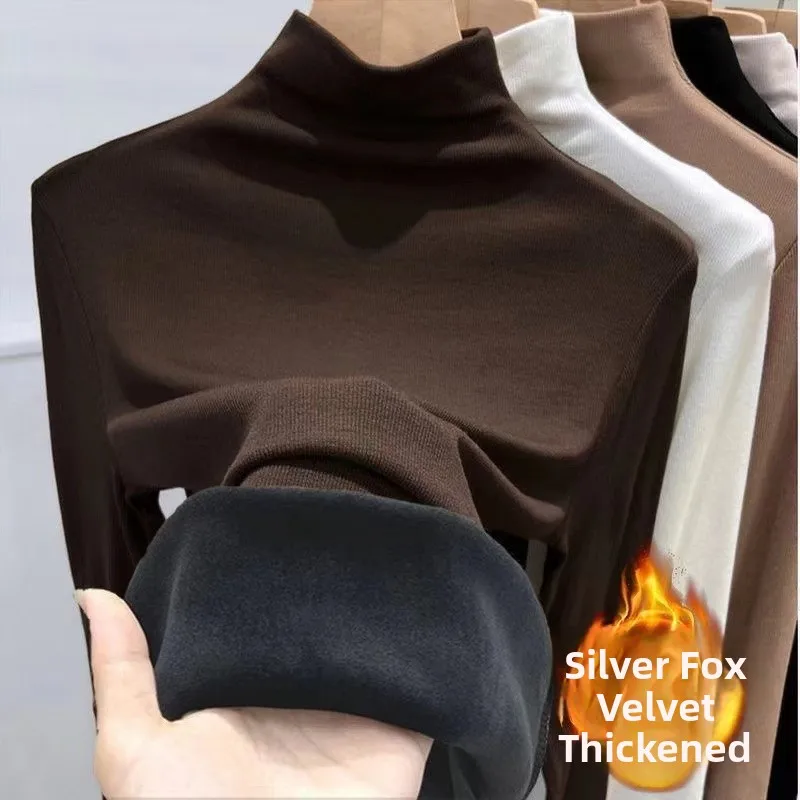Women's Winter Thickened Fleece Lined Long Sleeve Base Shirt Half High Collar Slim Fit Thermal Top High Elasticity Ultra Soft