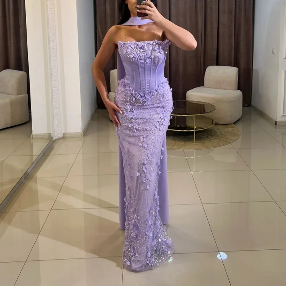 

Сиреневое вечернее платье без бретелек с корсетом и кружевной аппликацией, прямые вечерние платья с шарфом, элегантное длинное вечернее платье по индивидуальному заказу
