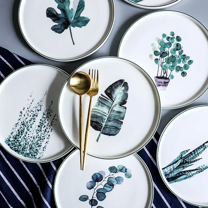 

Nordic Style Hand Painted Round Ceramics Plate Fruit Salad Plates Western Dish Set Snack Cake Decorative Tableware