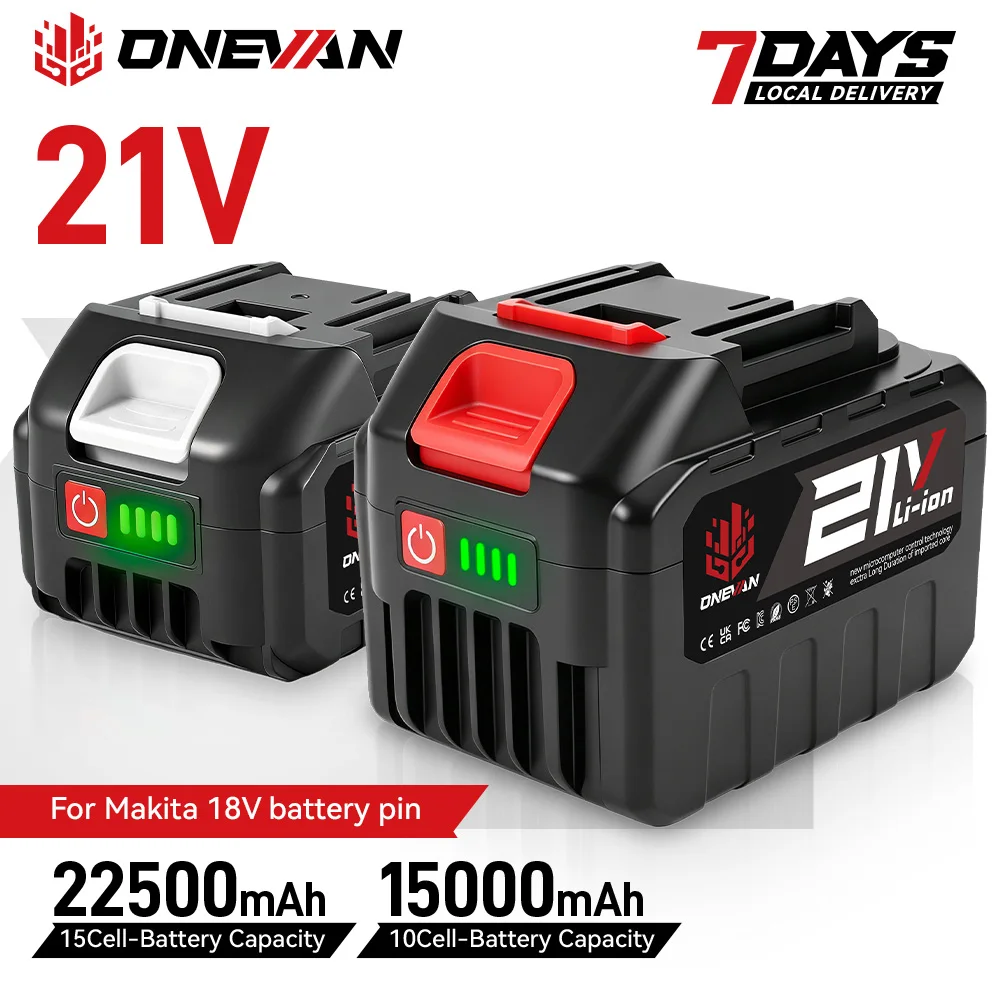 ONEVAN 15000mAh 22500mAh Lithium-Ionen-Akku, wiederaufladbarer Akku mit Ladegerät, Elektroschrauber, Elektrowerkzeug für Makita 21V Akku-Pin-Werkzeug