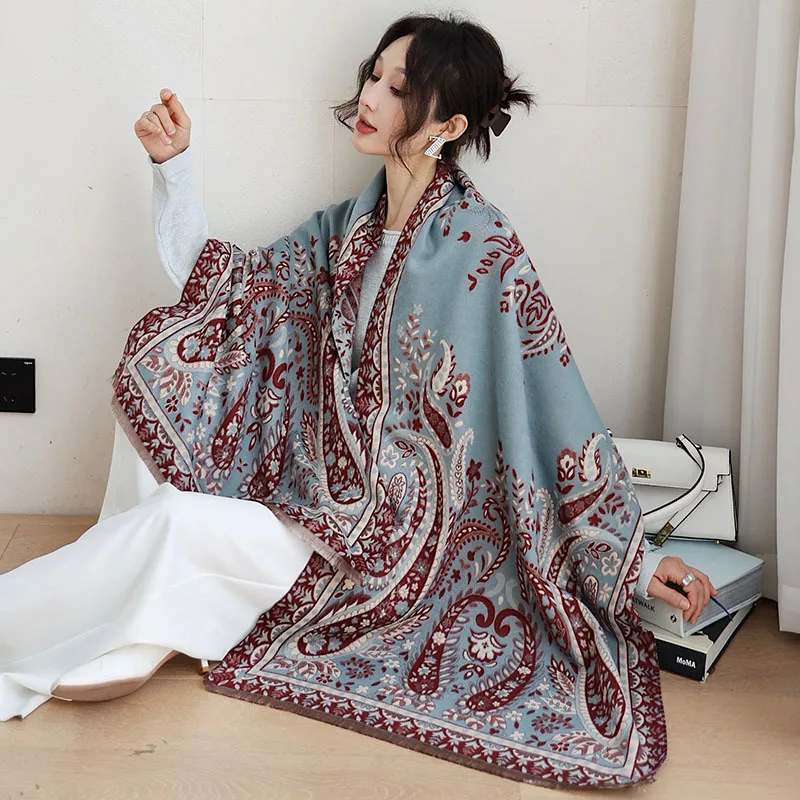 

Korean-Style 2-in-1 Faux Cashmere Scarf - Women's Warm Long Tassel Double-Sided Jacquard Shawl for Fall Winter Outerwear & AC