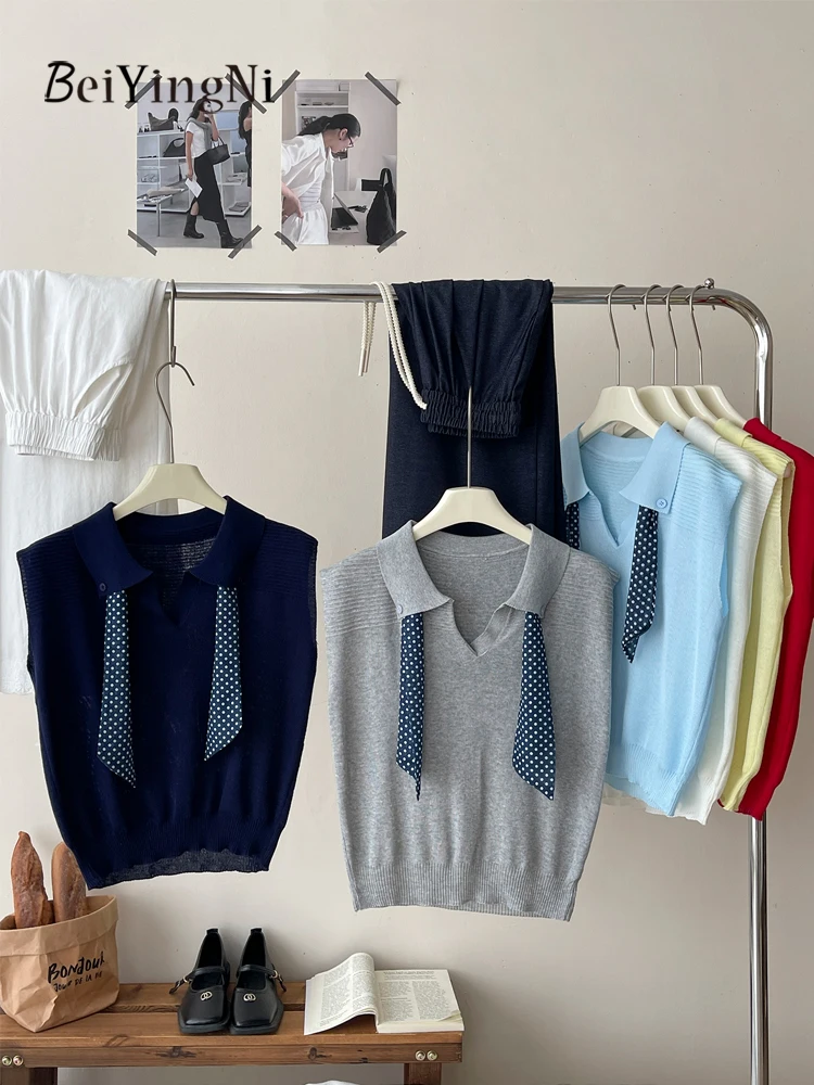 

Beiyingni 2025 Summer French Elegant Female T-shirt With Dot Silk Scarf Casual Luxury Short Sleeve Tops for Women Knitted Vest