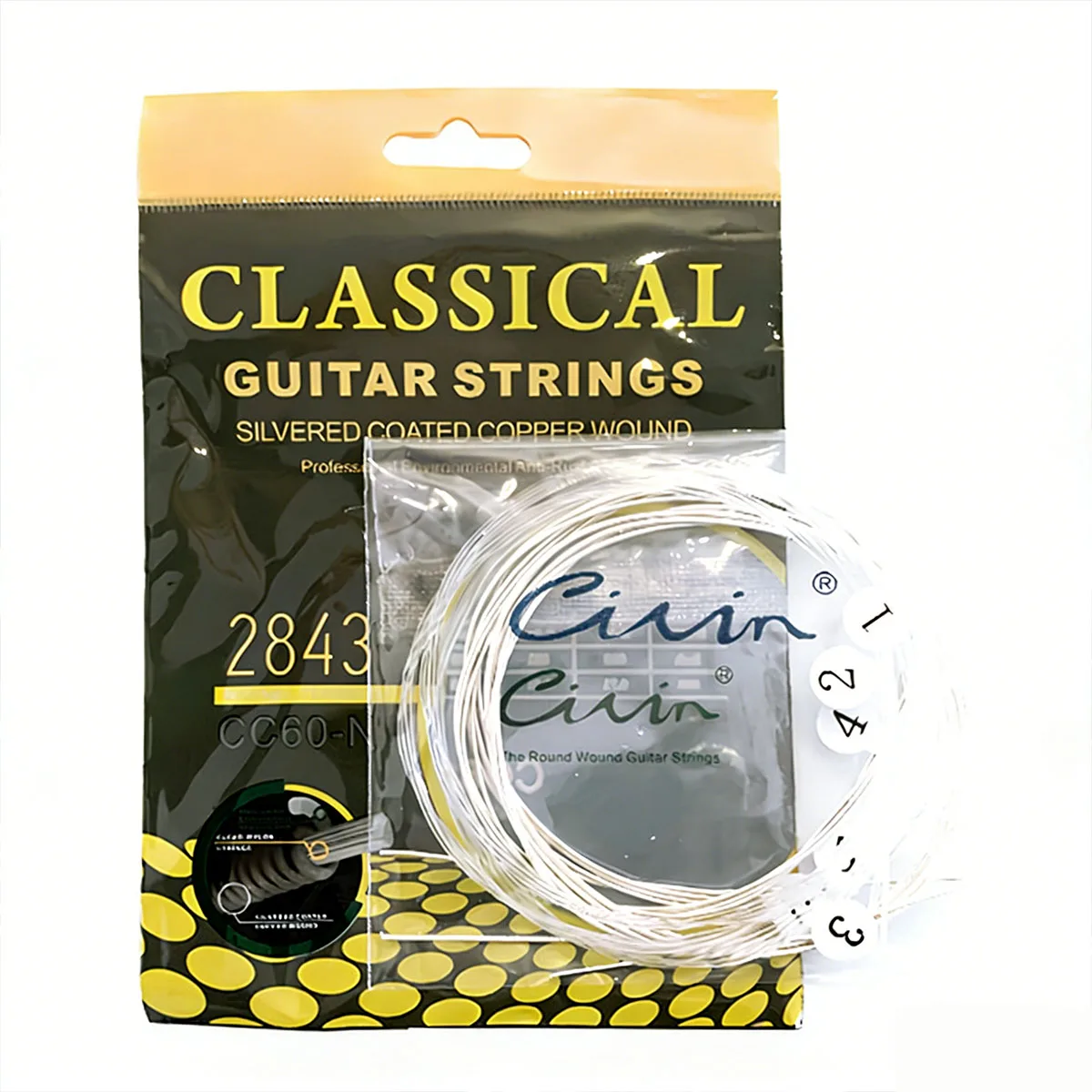 Civin CC60-N Classical Guitar Strings - Normal Tension, Clear Nylon & Silvered Copper Wound, 028-043, 6pcs, Beginner Friendly