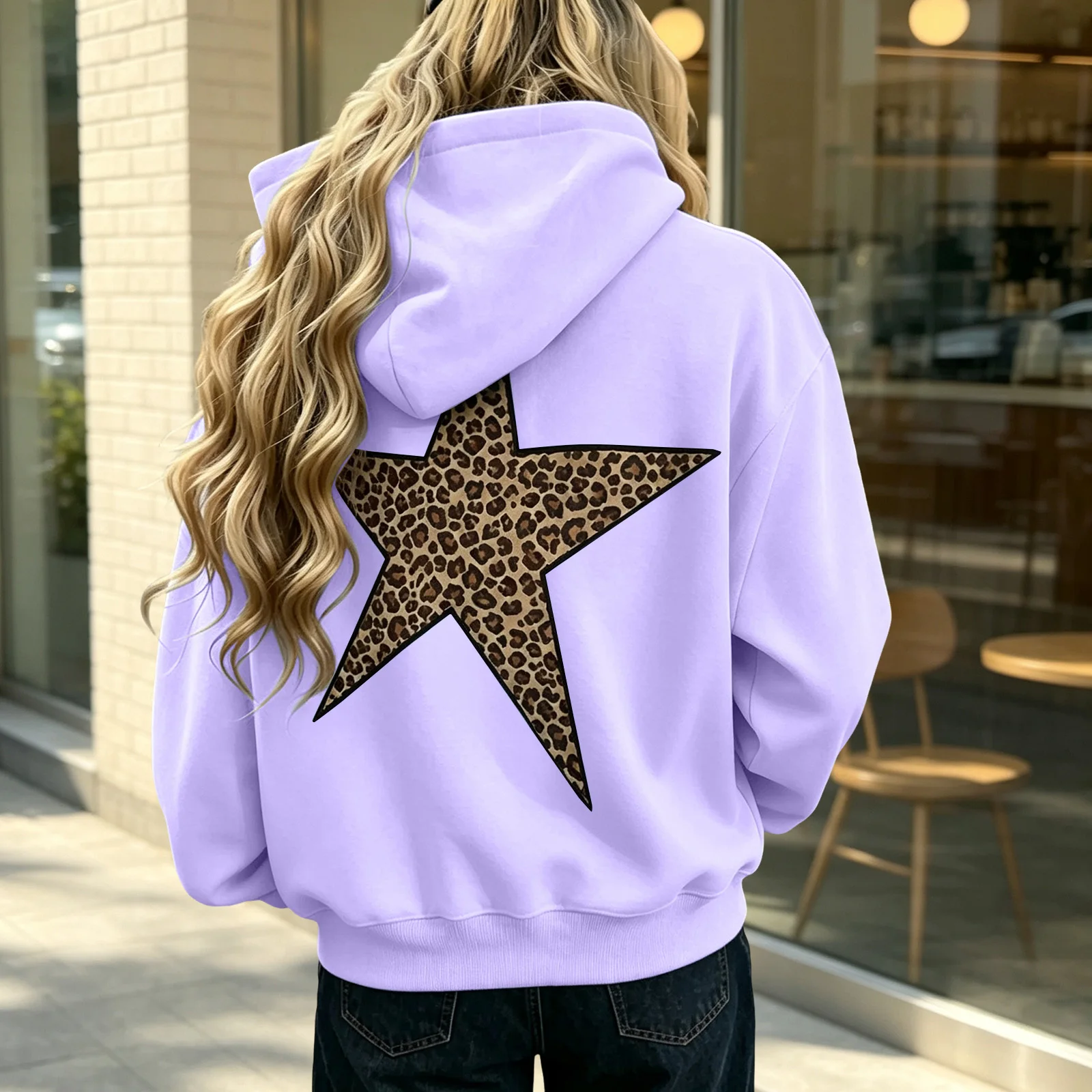 Women Oversize Hoodies With Back Star Leopard Printed Long Sleeve Hooded Sweatshirts Autumn Winter Streetwear Casual Pullover