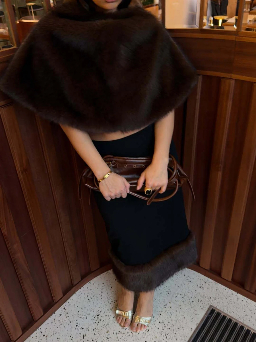 LIMO Women 2 Piece Outfit Faux Fur Cape & Midi Skirt Set Elegant Party Matching Suit