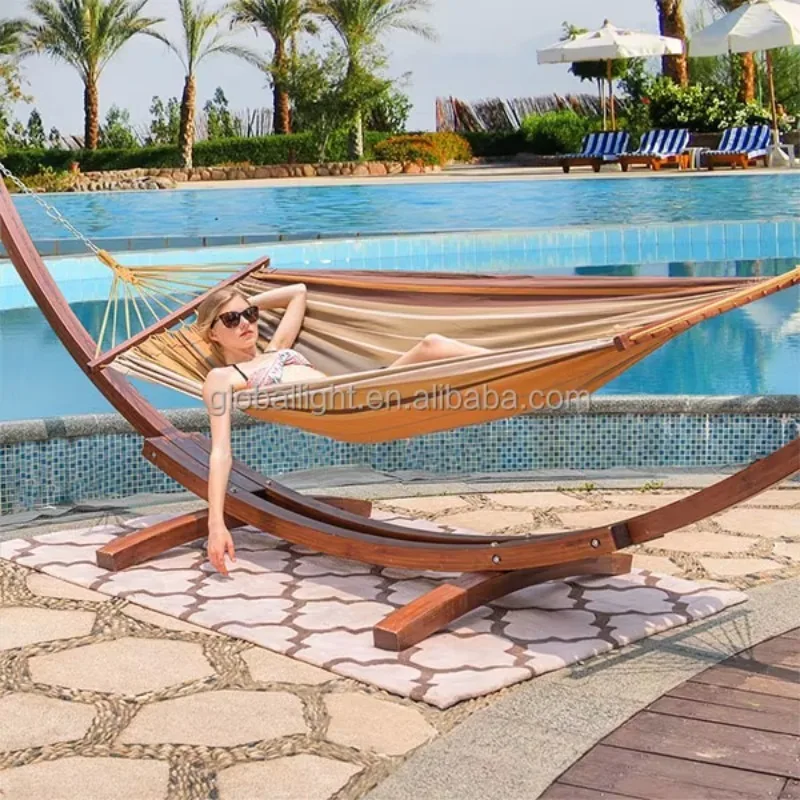 2026 13FT Garden Patio Assembled ARC Double Cotton Hammock With Wood Stand