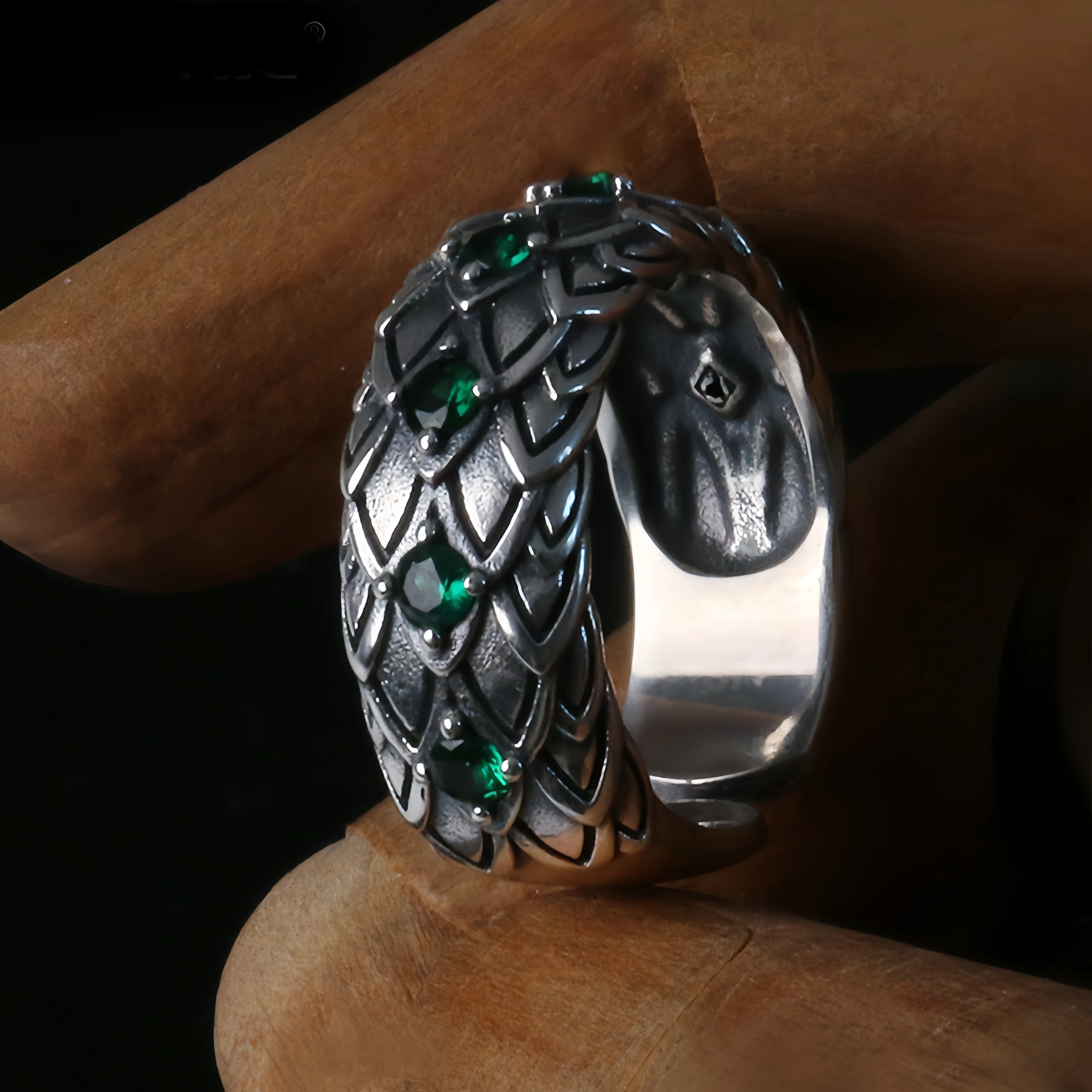 Retro Dragon Scales & Green Blood Adjustable Open Ring For Men Gothic Punk Edgy Silver-plated Copper Jewelry Accessories Gift