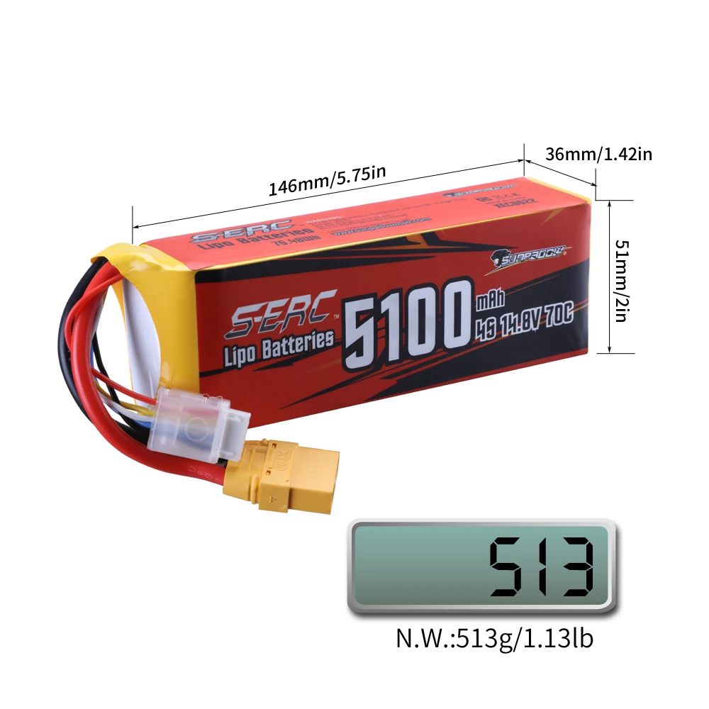 Sunpadow RC 3S 4S 6S Lipo Battery 5100mAh for 11.1V 14.8V 22.2V with XT60 XT90 Plug For Rcing Airplane Drone FPV Helicopter