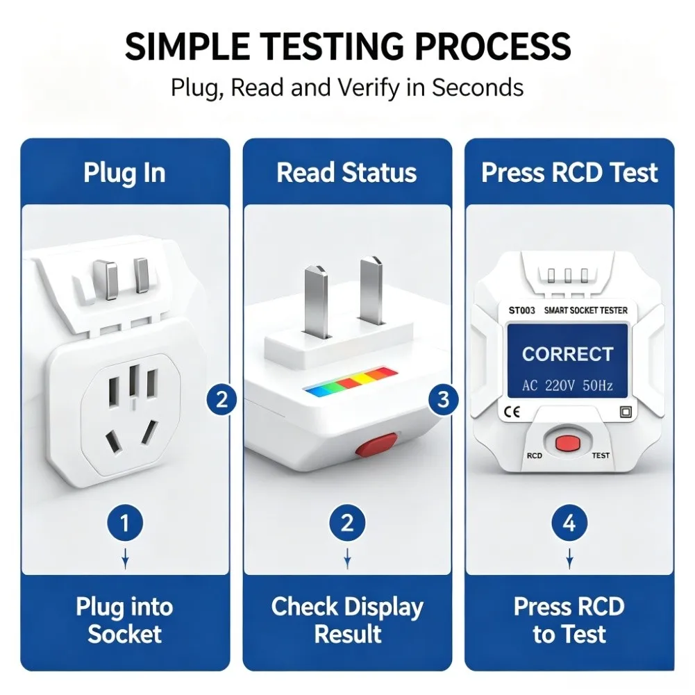 ST003 Smart Outlet Tester Detects Live Neutral Earth Wires LCD Voltage Reading 90-250V AC 45-65Hz Compact Design for Field Use
