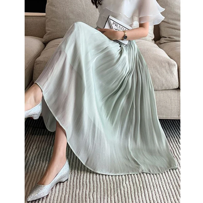 Women High Quality Bright Silk High Waist Pleated Elegant Large Swing Skirts 2023 Summer Fashion Solid Long A Line Skirt Faldas