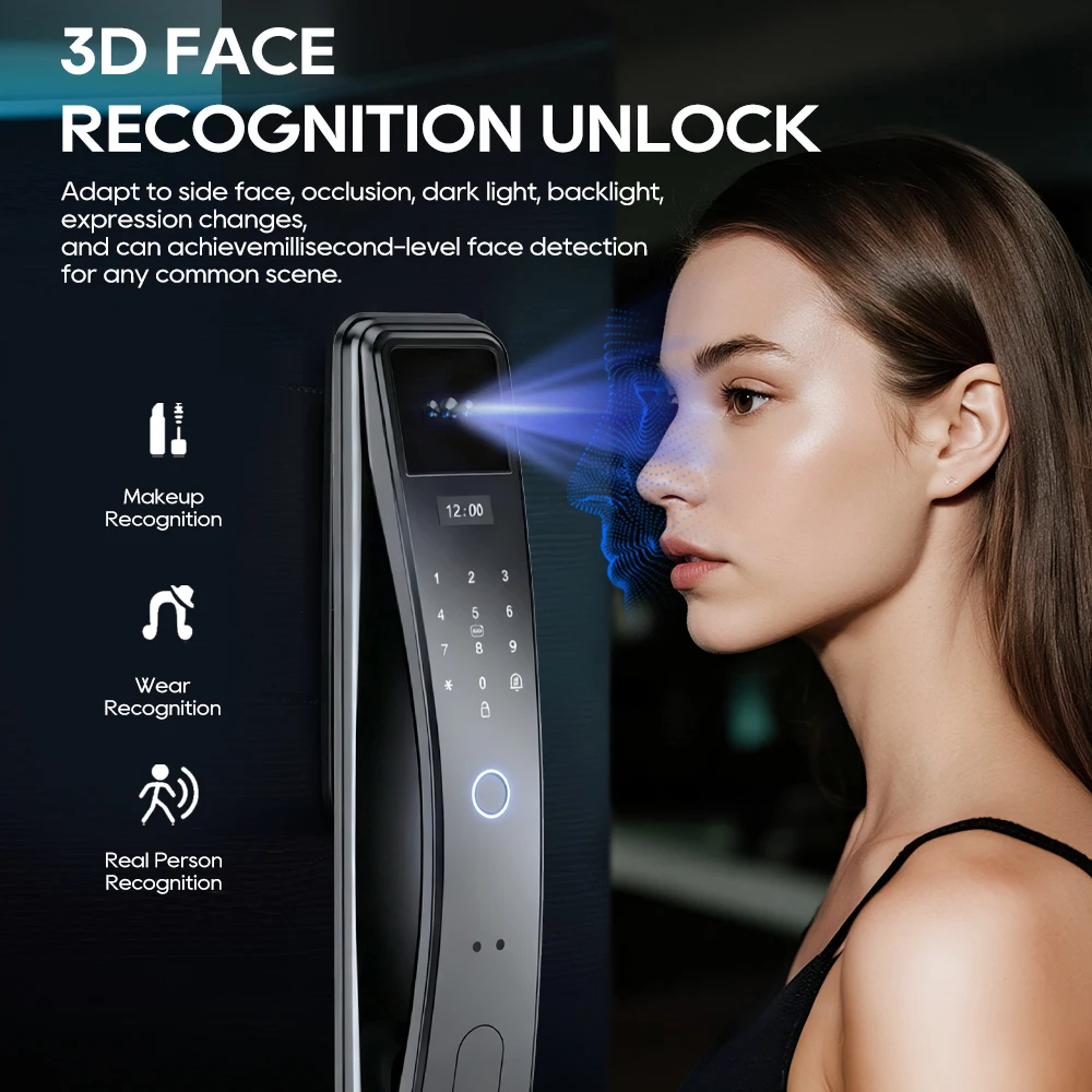 SANKESONG Tuya Smart 3D Face Door Lock Security Camera Monitor ذكي بصمة الإصبع كلمة المرور البيومترية بطارية مزدوجة