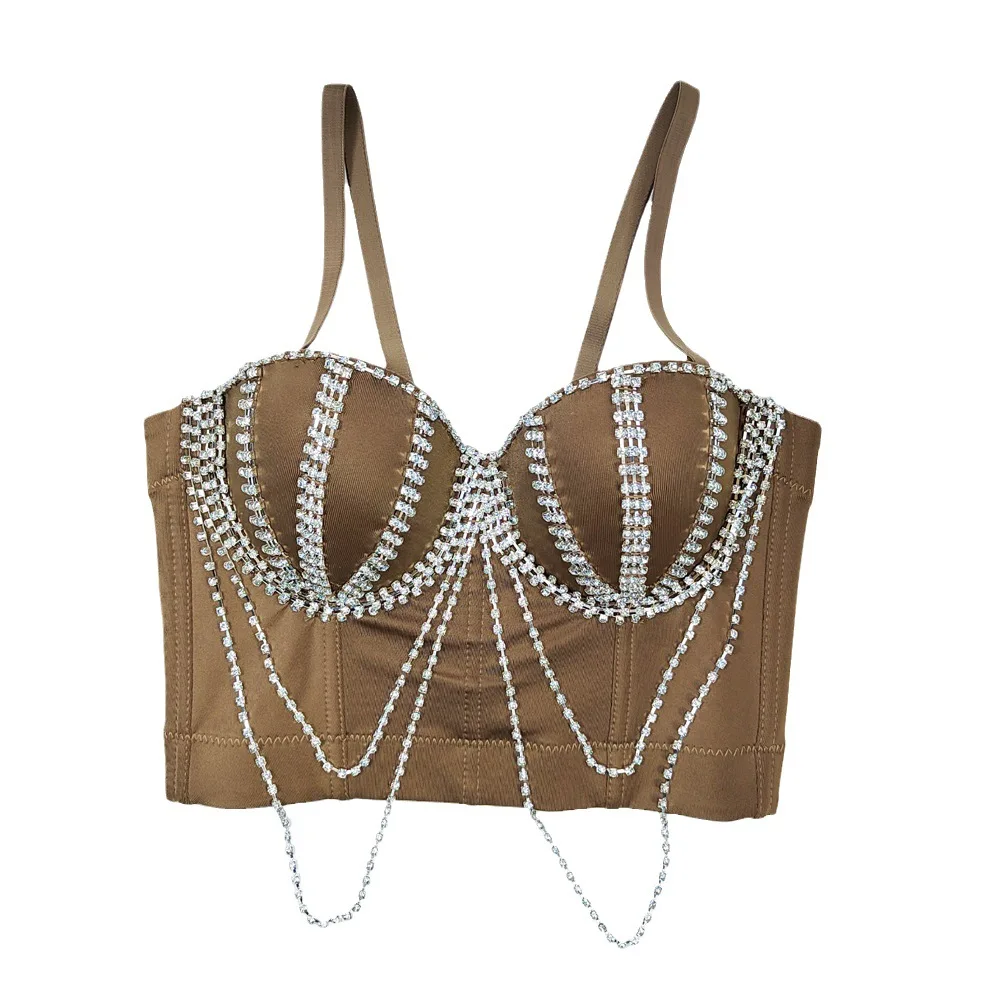 Rhinestone Corset Top Diamond Chained Boned Bustier, Sexy Clubwear Body Shaper for Nightclub Performance Dance Stage Corset