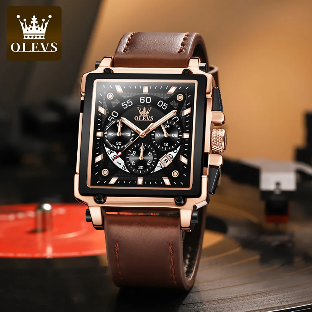 OLEVS 9919 Original Quartz Watch for Men Leather Strap Big Dial Square Waterproof Chronograph Sport Clock Male Relogio Masculino